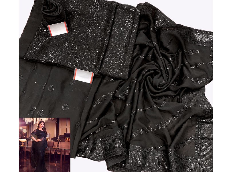 Heavy Sequins Embroidered Black Chiffon Saree 2024