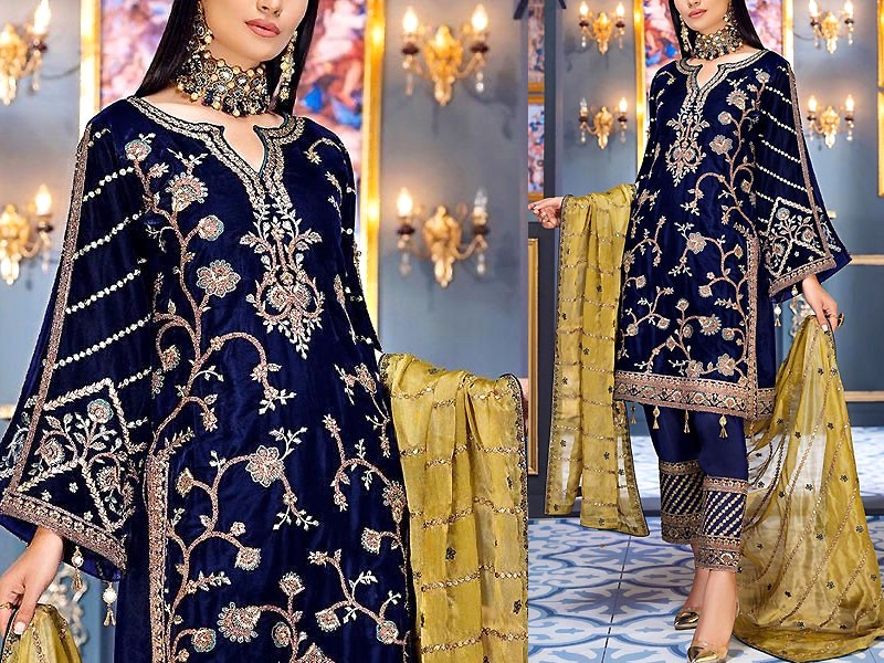 Luxury Handwork Embroidered Navy Blue Velvet Dress 2022 Price in Pakistan