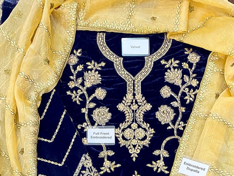 Luxury Handwork Embroidered Navy Blue Velvet Wedding Dress 2022
