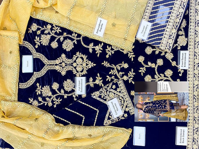 Luxury Handwork Embroidered Navy Blue Velvet Wedding Dress 2023