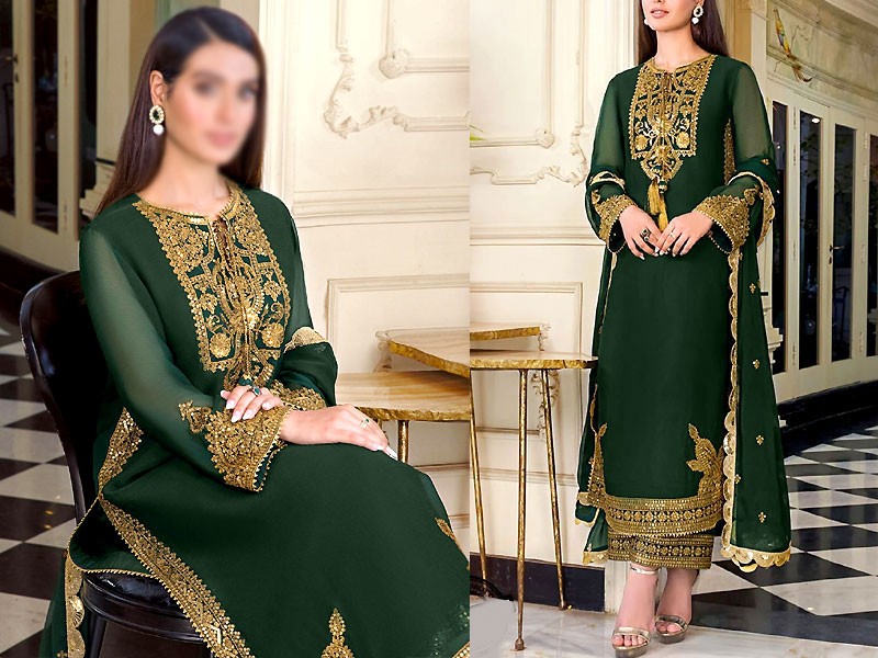 Elegant Embroidered Green Chiffon Party Dress 2023 Price in Pakistan
