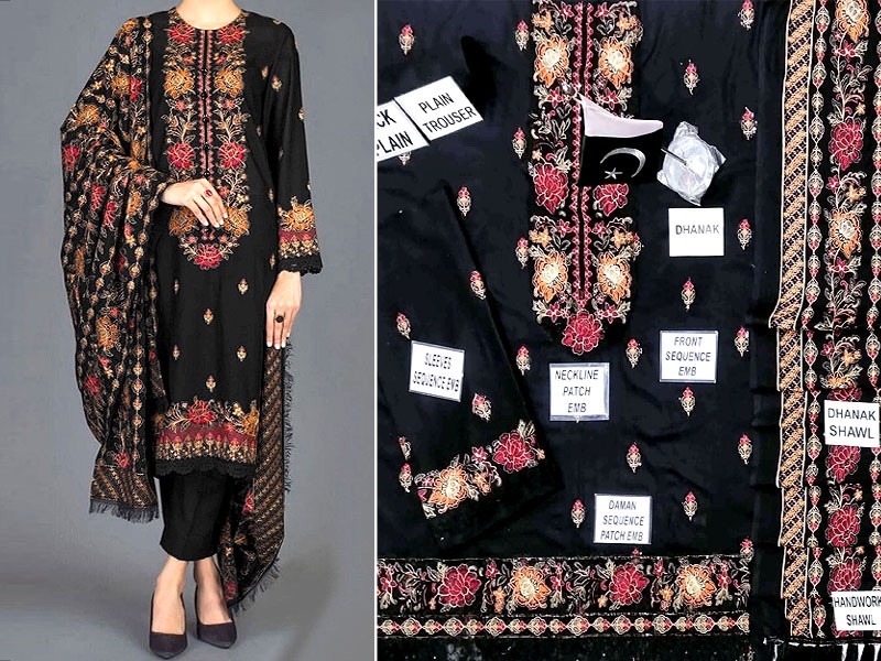 Heavy Sequins Embroidered Black Dhanak Dress with Heavy Embroidered Dhanak Shawl