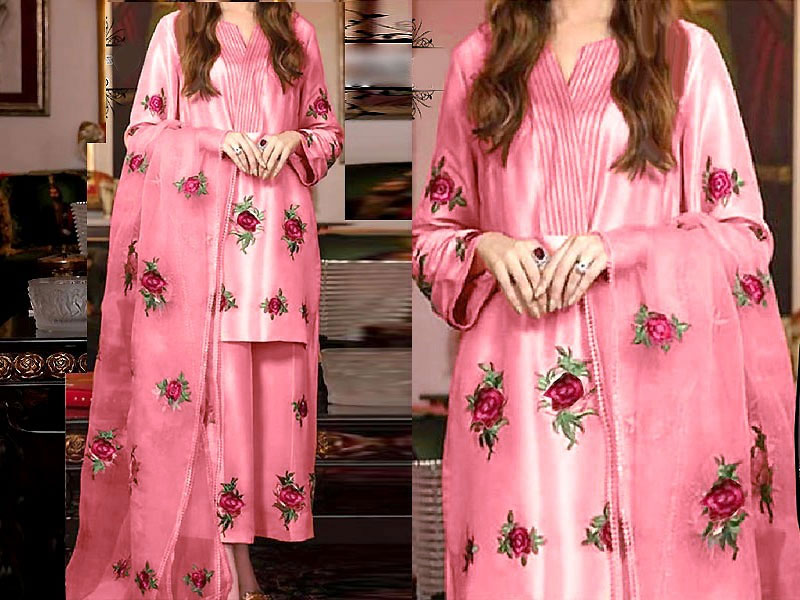 Elegant Embroidered Katan Silk Dress 2023 with  Organza Dupatta