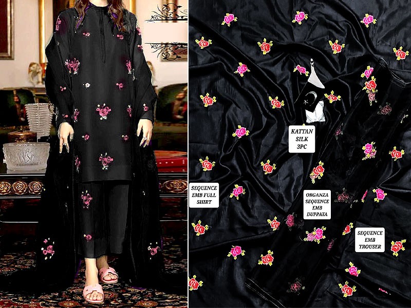 Elegant Sequins Embroidered Katan Silk Dress with Embroidered Organza Dupatta