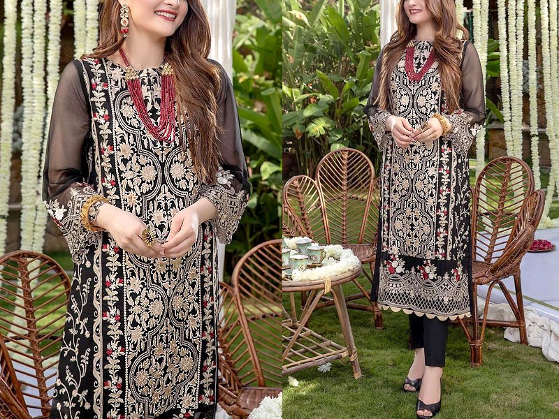 2-Piece Heavy Embroidered Black Chiffon Party Dress 2023 Price in Pakistan