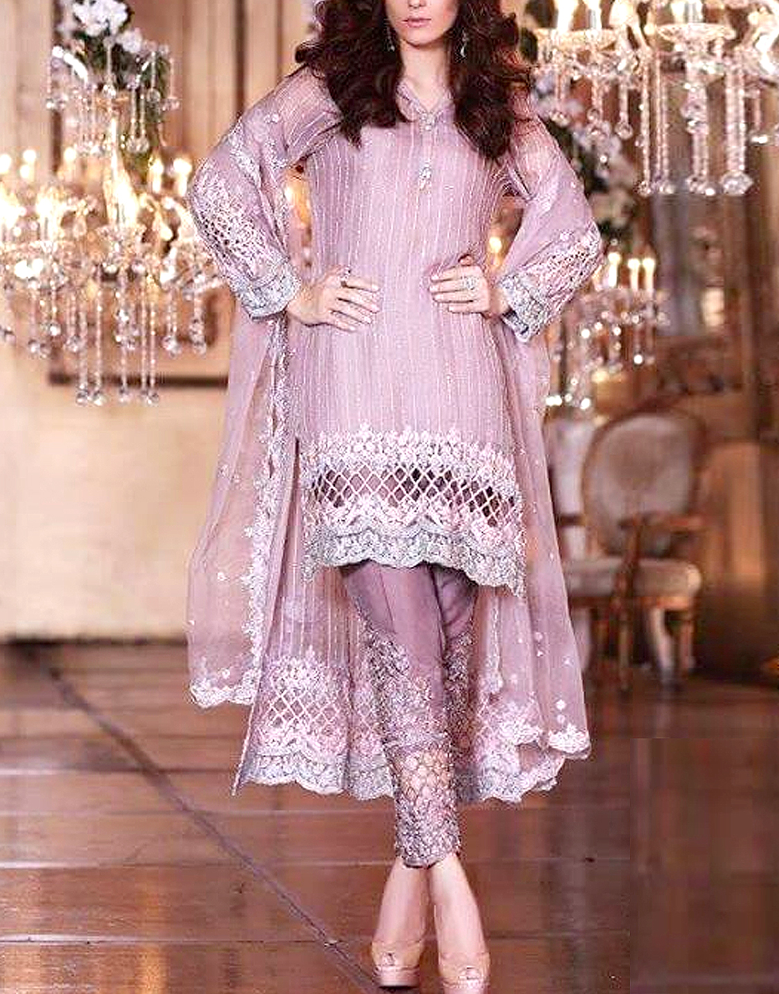 Indian Mirror Work Embroidered Chiffon Maxi Dress Price in Pakistan