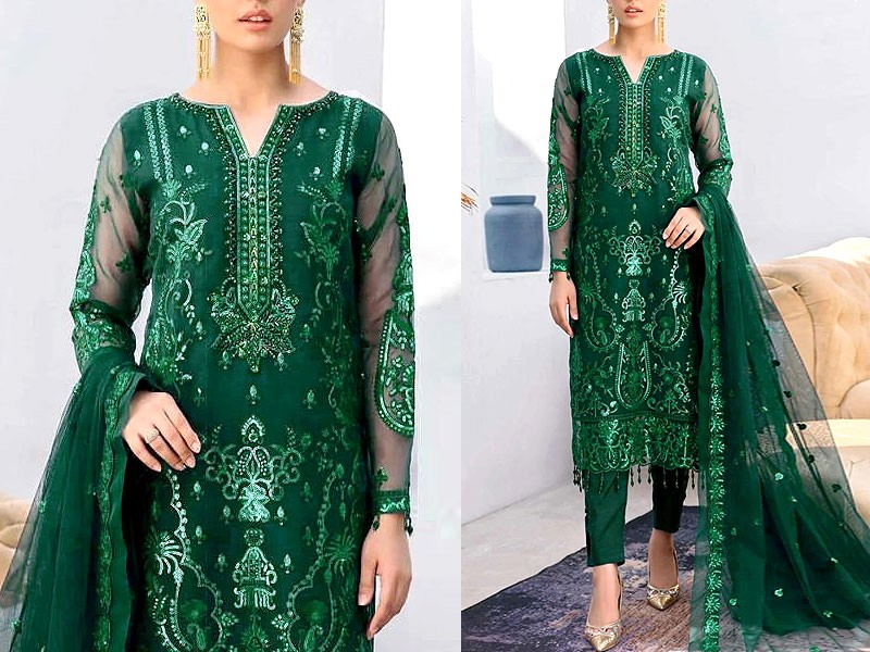 Handwork Heavy Embroidered Green Organza Wedding Dress 2022