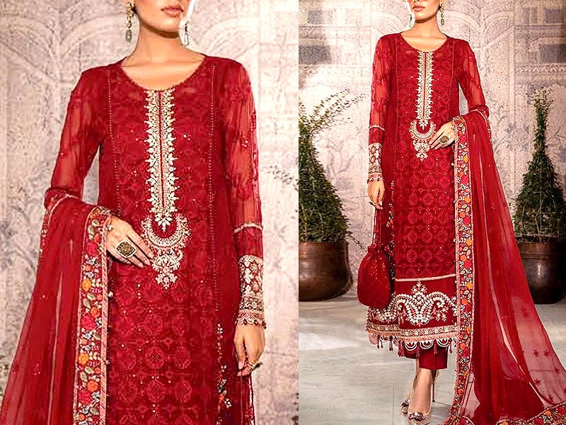 Luxury Heavy Embroidered Red Chiffon Wedding Dress 2022