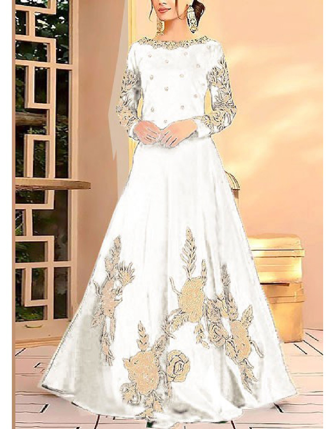 Readymade 3-Piece White Chiffon Maxi Dress with Chiffon Dupatta Price in Pakistan