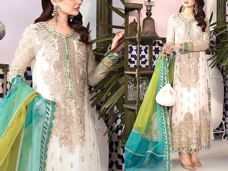 Luxury Heavy Embroidered Chiffon White Wedding Dress with Organza Dupatta Price in Pakistan