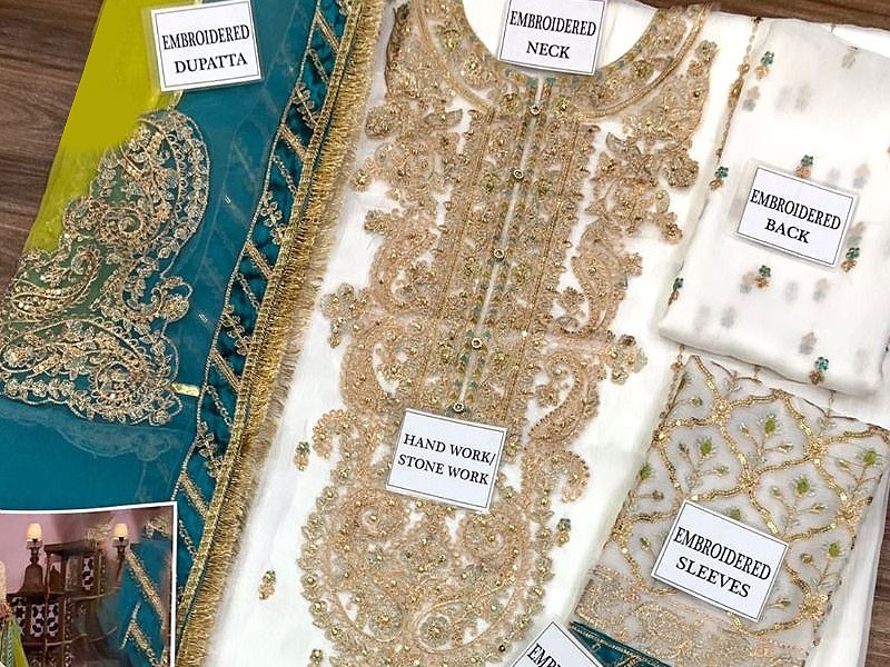 Luxury Heavy Embroidered Chiffon White Wedding Dress with Organza Dupatta