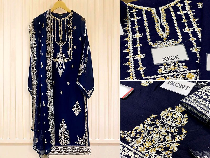 Embroidered Navy Blue Chiffon Wedding Dress Price in Pakistan