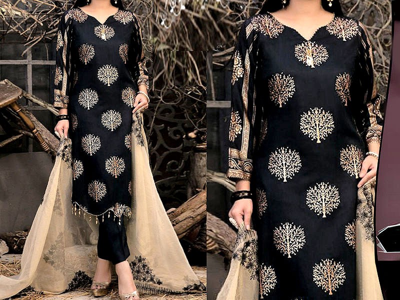 Sequins Embroidered Katan Silk Dress 2022 with Embroidered Organza Dupatta Price in Pakistan
