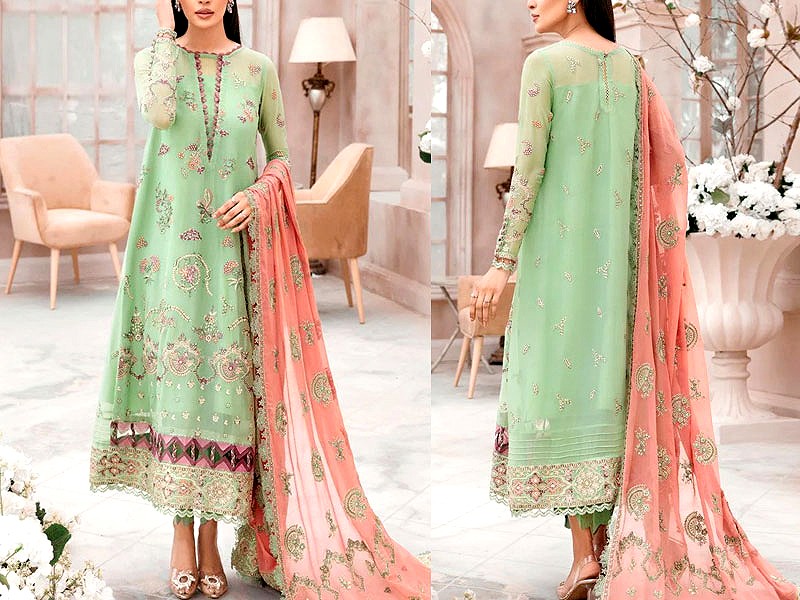 Heavy Embroidered Navy Blue Chiffon Wedding Dress 2022 Price in Pakistan