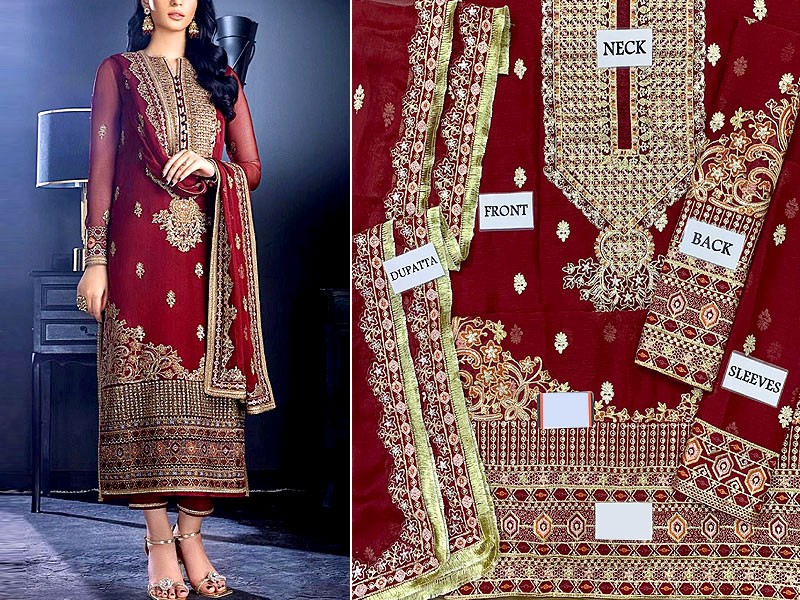 Heavy Embroidered Maroon Chiffon Party Wear Dress 2022