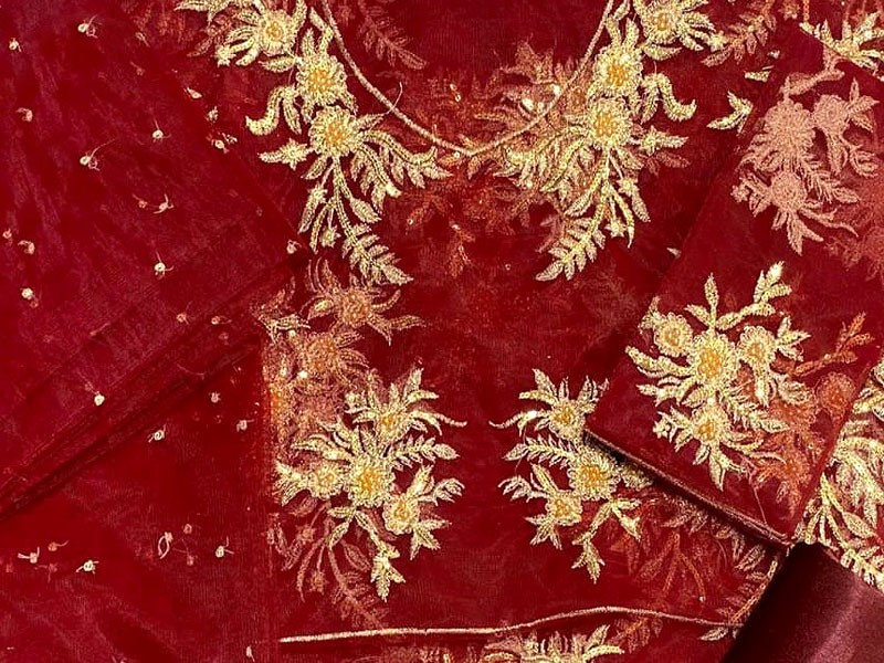 Handwork Heavy Embroidered Maroon Net Lehenga Dress