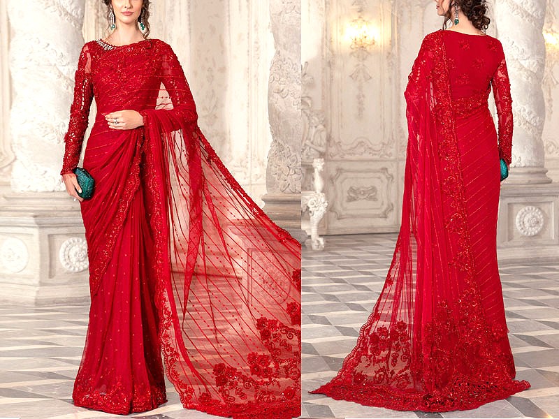 Luxury Embroidered with Handwork Red Net Saree 2022