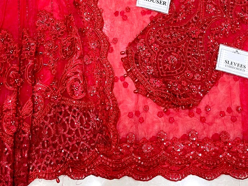 Luxury Embroidered with Handwork Red Net Saree 2022