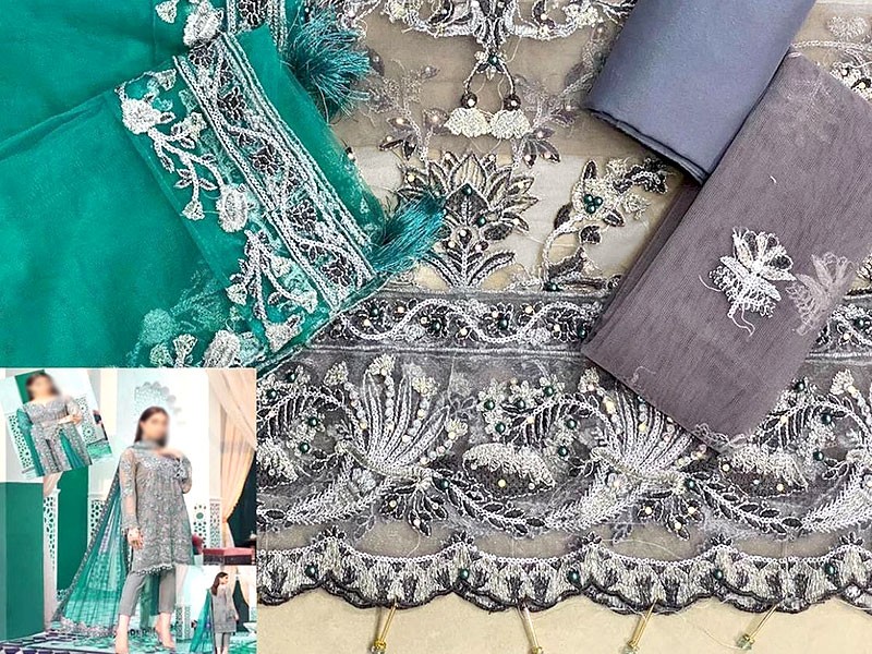 Handwork Embroidered Grey Net Wedding Dress 2022