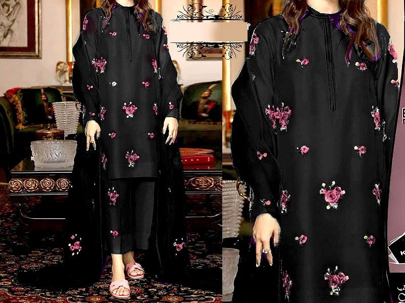 Embroidered Shamoz Silk Dress 2023 with Embroidered Organza Dupatta
