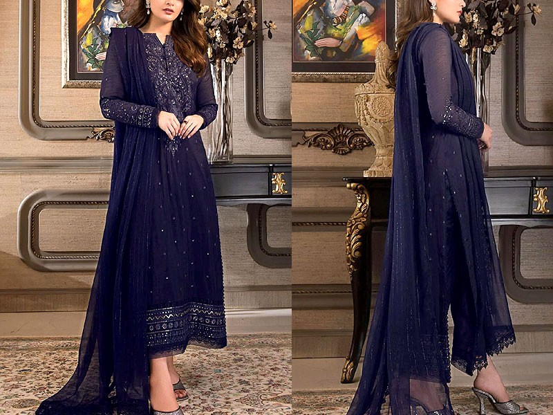 Fancy Navy Blue Embroidered Chiffon Wedding Dress 2023 Price in Pakistan