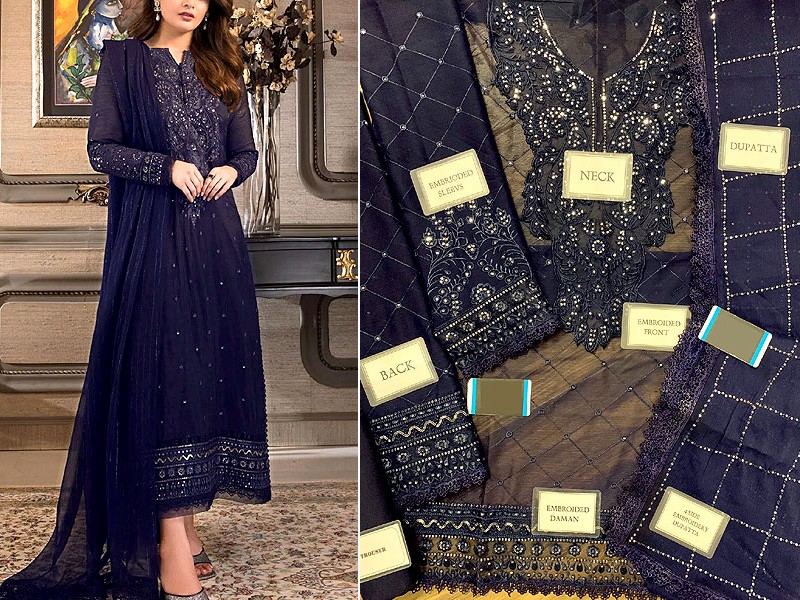 Decent Embroidered Navy Blue Chiffon Party Wear Dress 2023