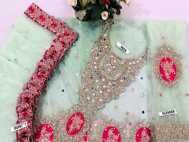 Luxury Mirror & Handwork Embroidered Net Bridal Maxi Dress 2022