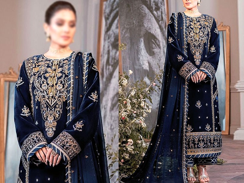 Heavy Embroidered Handwork Navy Blue Velvet Dress Price in Pakistan