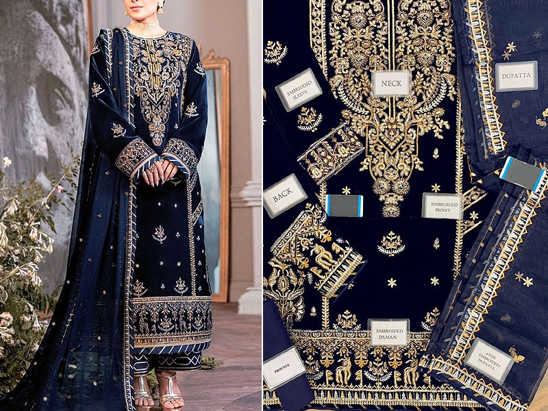 Luxury Embroidered Navy Blue Velvet Wedding Dress 2023
