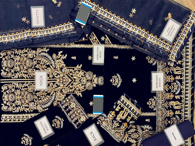 Luxury Embroidered Navy Blue Velvet Wedding Dress 2022