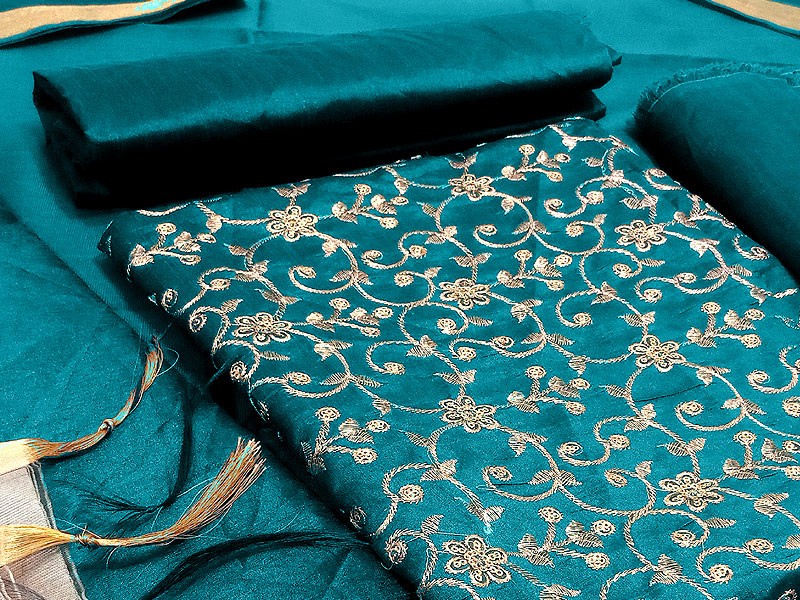 Banarsi Style Full Front Embroidered Raw Silk Dress with Silk Jhalar Dupatta