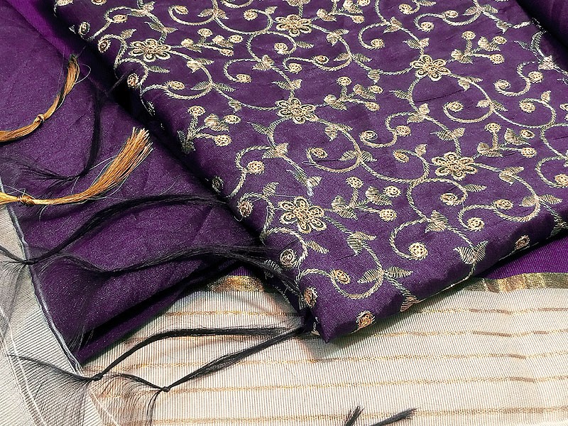 Banarsi Style Full Front Embroidered Raw Silk Dress with Printed Khaddi Dupatta