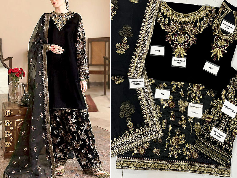 Luxury Embroidered Black Velvet Wedding Dress 2024