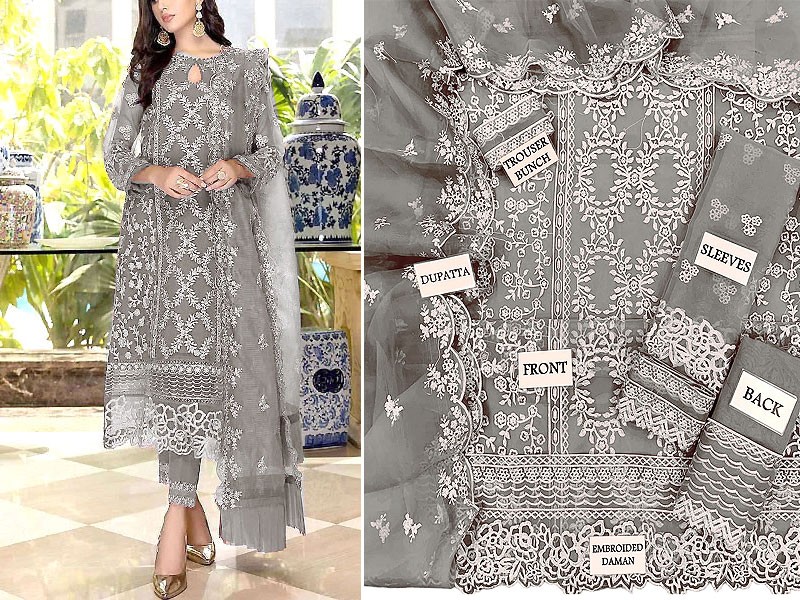 Heavy Embroidered Organza Grey Party Wear Dress 2023