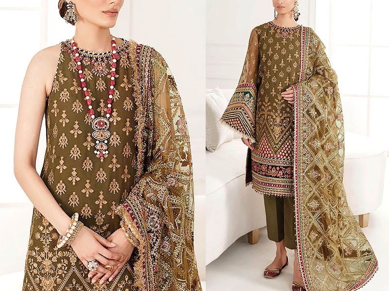 Adorable Embroidered Chiffon Party Wear Dress with Embroidered Silk Trouser Price in Pakistan