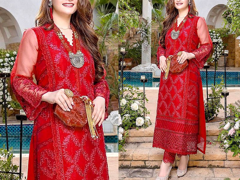 Heavy Embroidered Red Chiffon Party Wear Dress 2023 Price in Pakistan