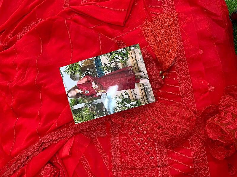 Heavy Embroidered Red Chiffon Party Wear Dress 2023