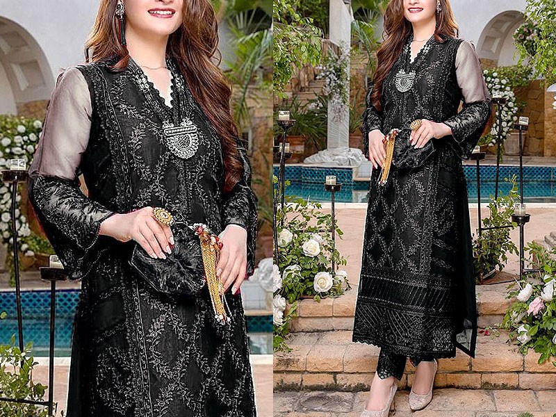 Heavy Embroidered Black Chiffon Party Wear Dress 2023