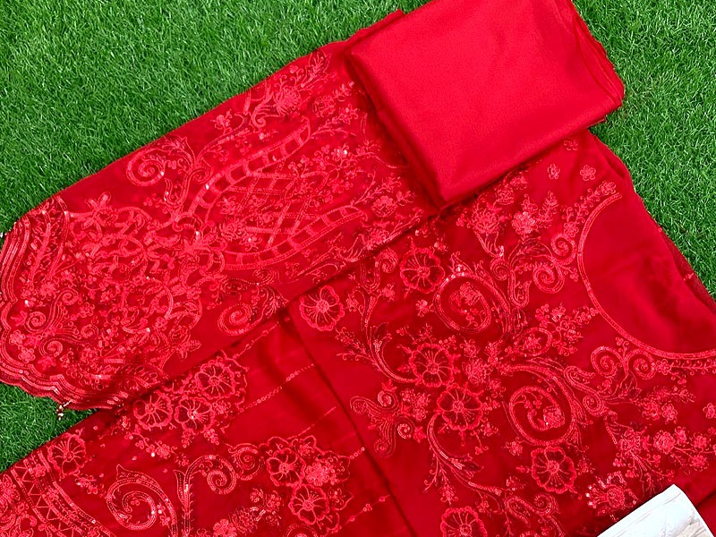 Luxury Heavy Embroidered Red Chiffon Saree 2023
