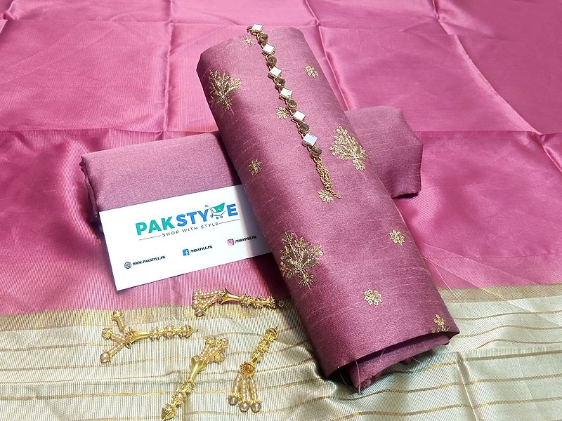 Banarsi Style Embroidered Raw Silk Dress with Lining Print Organza Dupatta Price in Pakistan