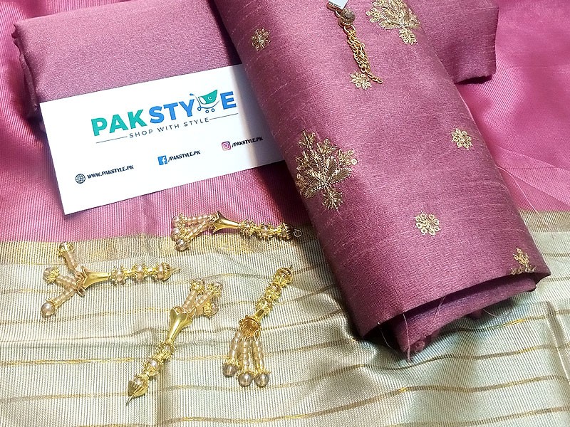 Banarsi Style Embroidered Raw Silk Dress with Silk Jhalar Dupatta