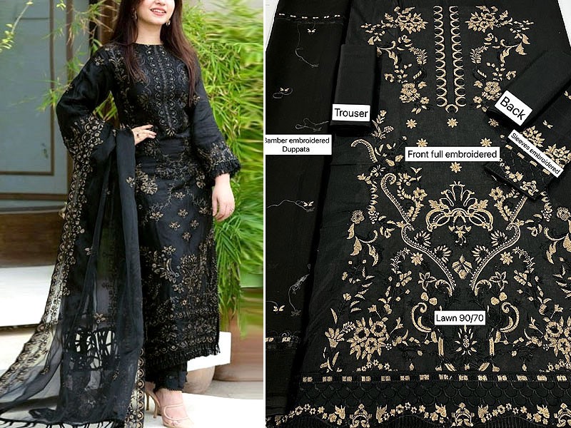 Luxury Embroidered Cotton Lawn Dress 2023 with Bamber Chiffon Dupatta