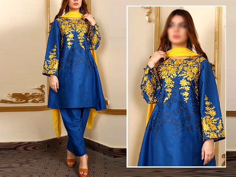 Trendy 2-Piece Embroidered Blue Lawn Dress 2023