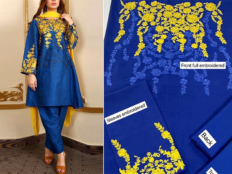 Trendy 2-Piece Embroidered Blue Lawn Dress 2023
