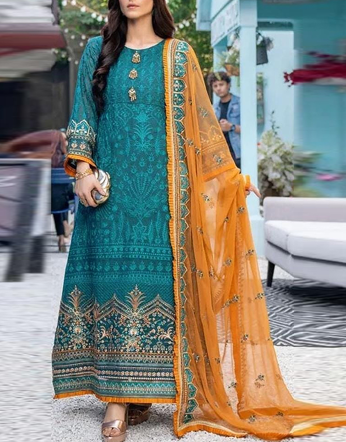 All-Over Print Embroidered Lawn Dress 2024 with Chiffon Dupatta Price in Pakistan