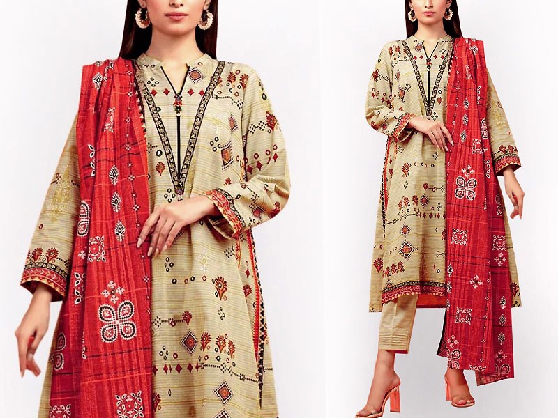 Decent Embroidered Linen Dress with Wool Shawl Dupatta Price in Pakistan