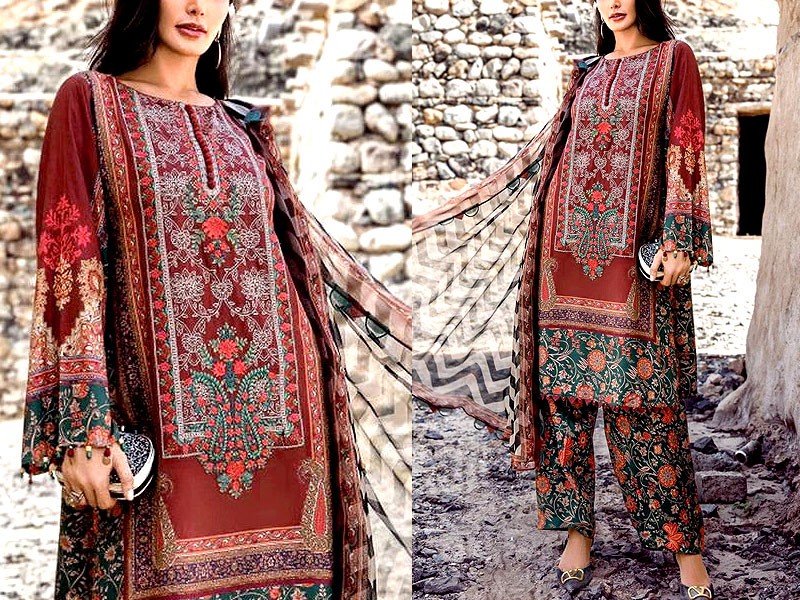 Decent Embroidered Linen Dress with Wool Shawl Dupatta Price in Pakistan