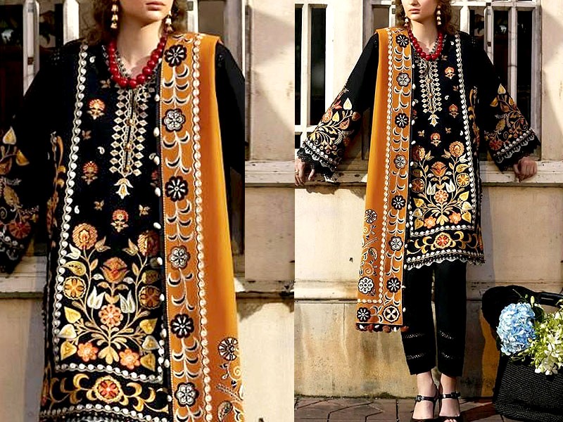Luxury Embroidered Black Lawn Dress 2023 with Bamber Chiffon Dupatta