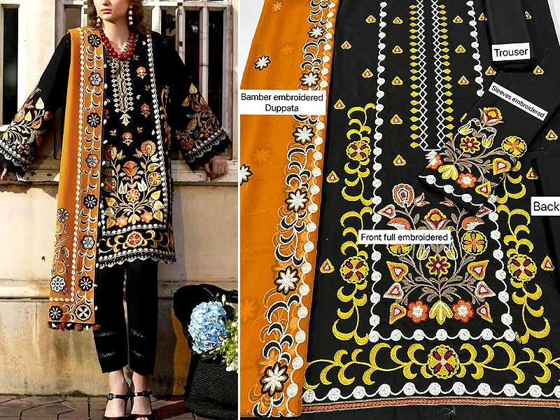 Luxury Embroidered Black Lawn Dress 2023 with Bamber Chiffon Dupatta