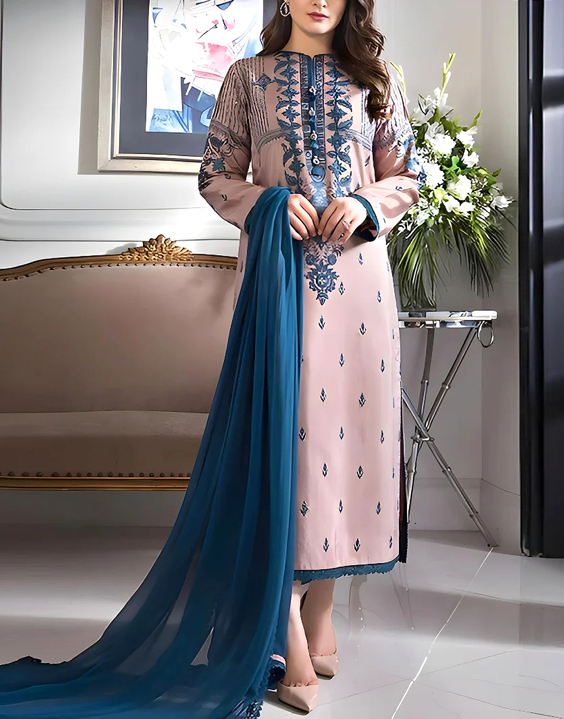 Luxury Embroidered Lawn Dress 2024 with Bamber Chiffon Dupatta Price in Pakistan